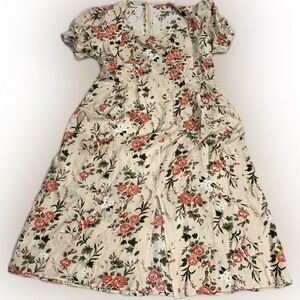 Women’s Beige Floral Midi Dress Puff Sleeve Square Neck